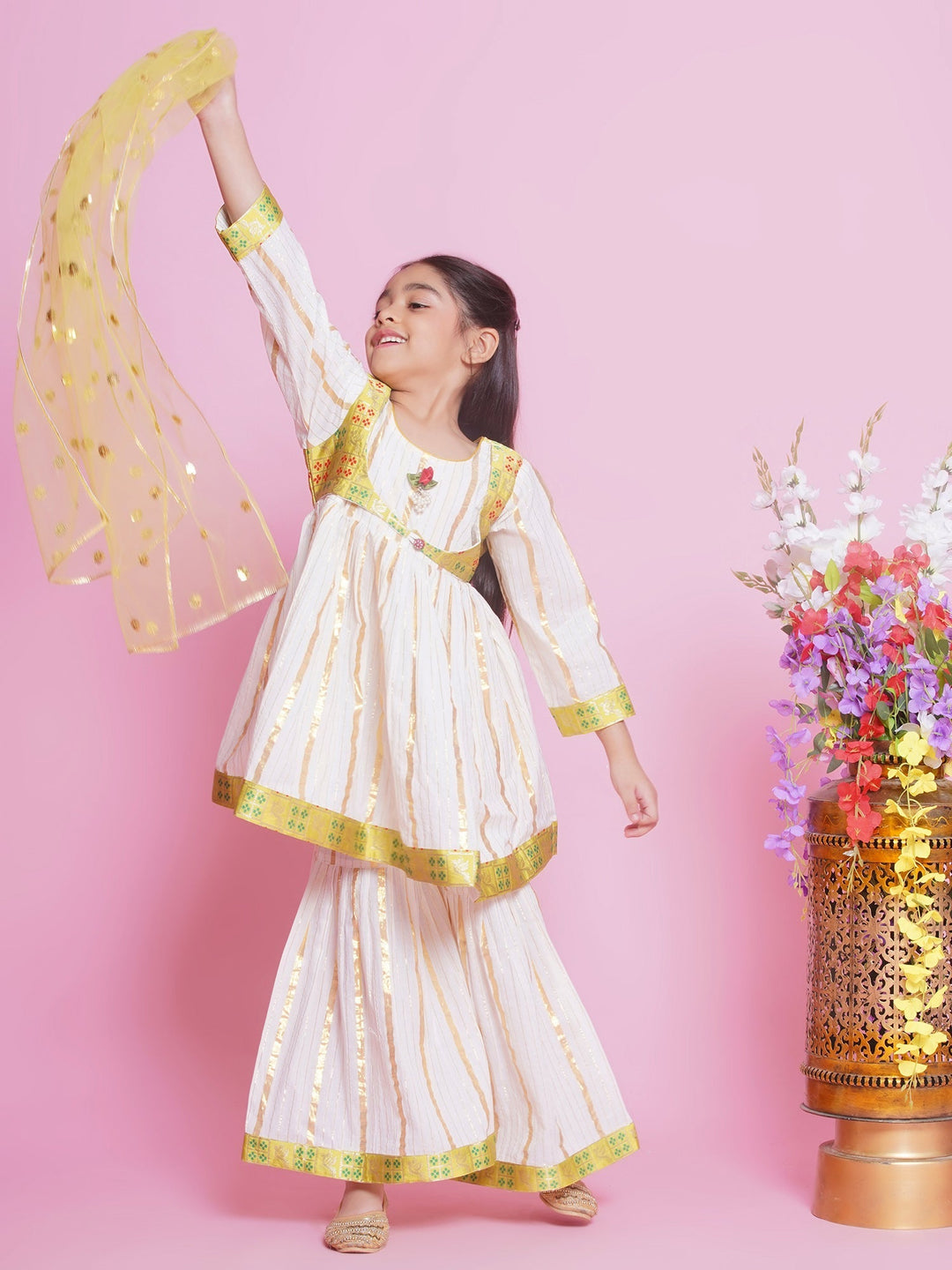 Girls Cotton Bird & Floral Anarkali Sharara Set with Dupatta - Cream | SHOBITAM