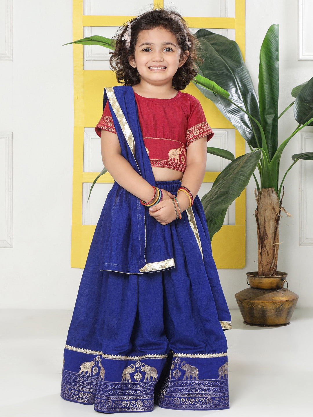 Blue Elephant Zari Embroidery Chanderi Cotton Lehenga with Stitched Red Blouse Set | SHOBITAM
