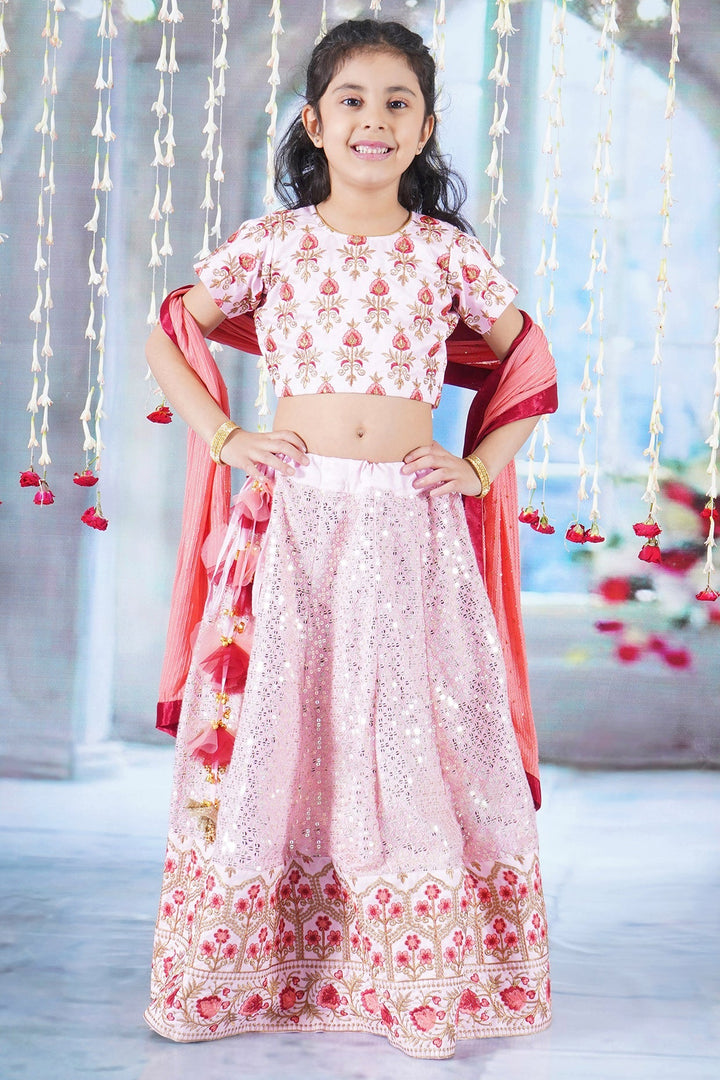 Girl Bageecha Floral Thread work Blouse with Mirror work Lehenga and Sequin moti work Dupatta, accompanied with Hand made tassel and Ghungroo work | SHOBITAM