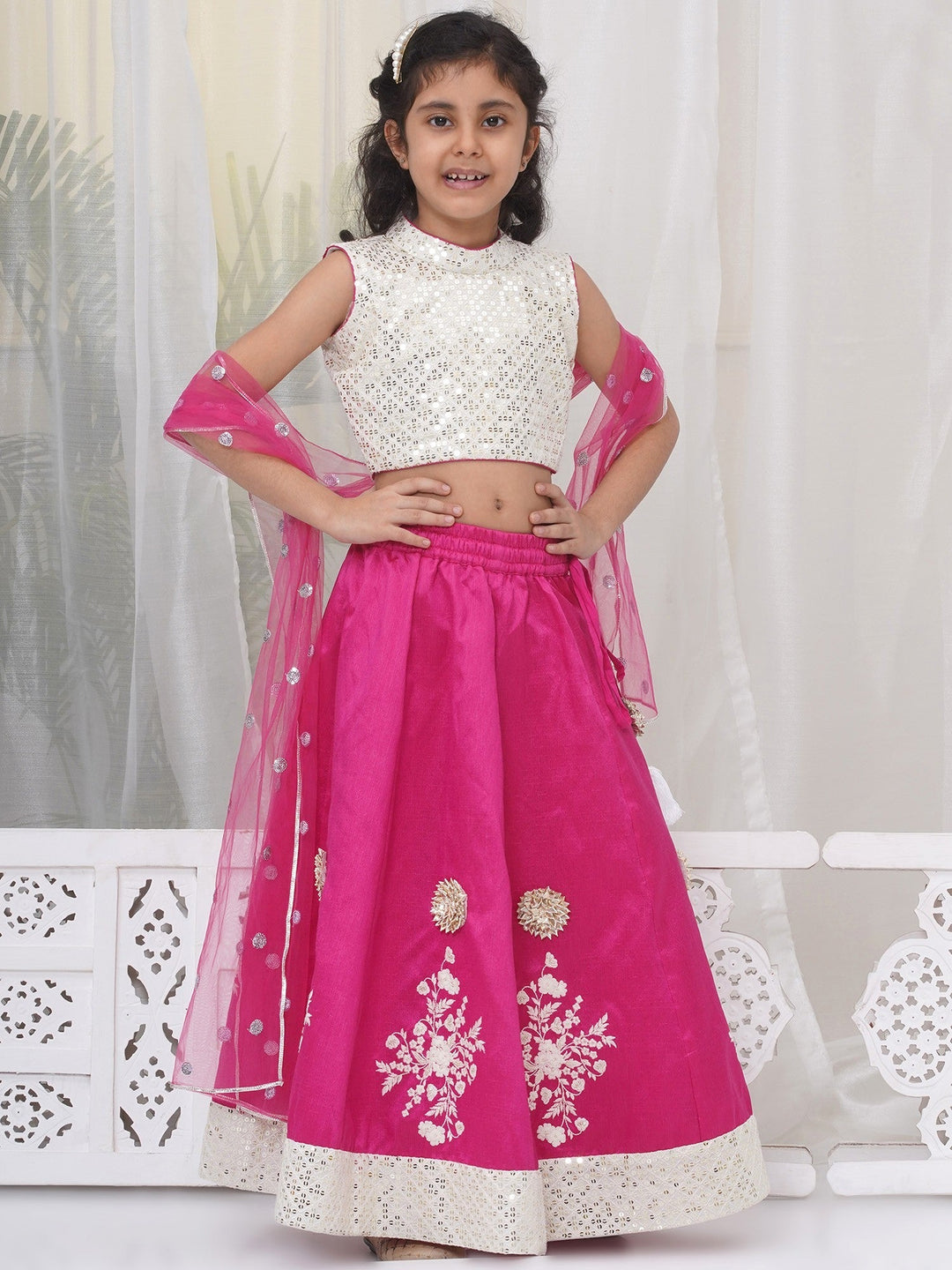 Girls Semi-Silk Brocade Kali Work Lehenga with Floral Thread Work & Sequin work Sleeveless Blouse with Dupatta - Hot Pink | SHOBITAM
