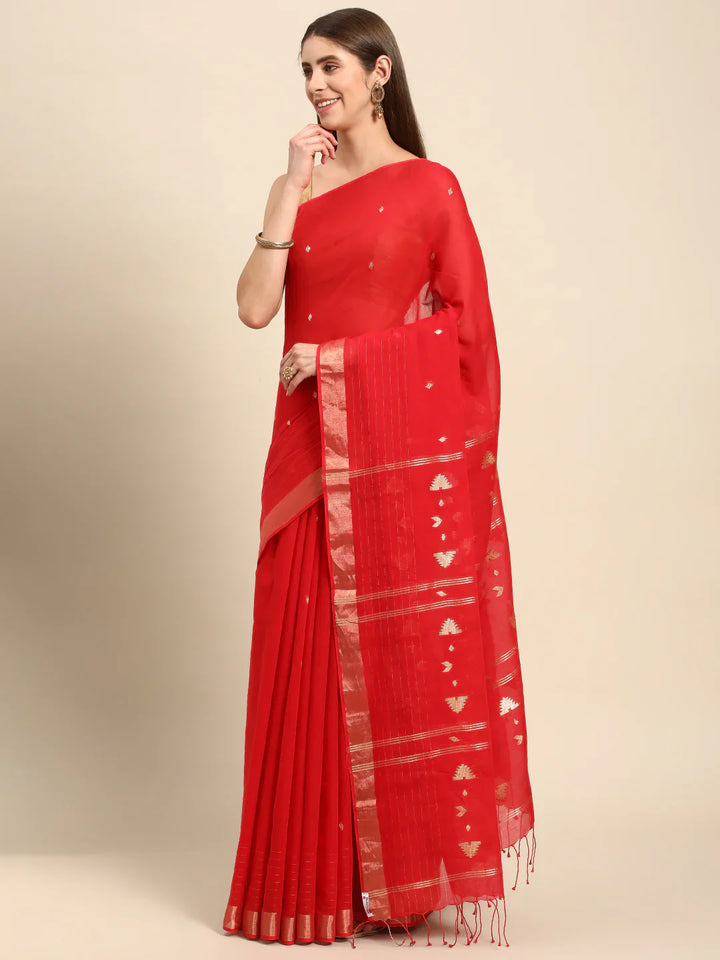 Red Handloom Zari buti Jamdani Cotton Saree with blouse piece