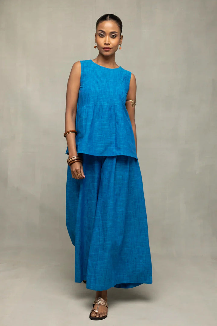 Azure Blue Textured Co-Ord Set with Sleeveless Top & Wide-Leg Pants | SHOBITAM