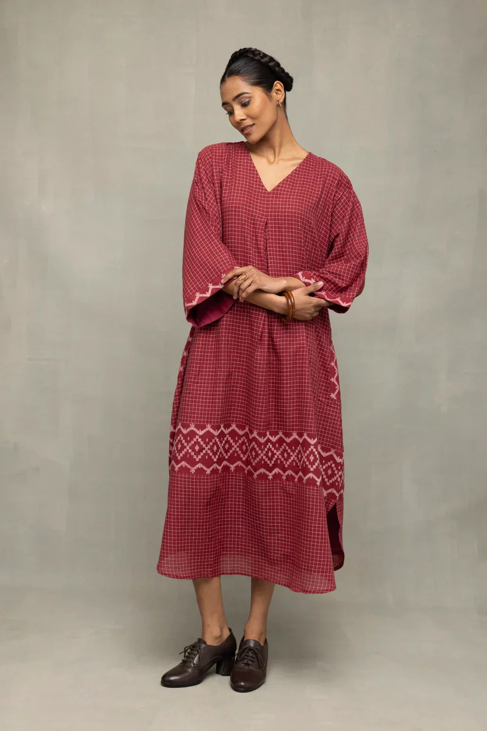 Crimson Checkered Jamdani Kaftan Dress | SHOBITAM