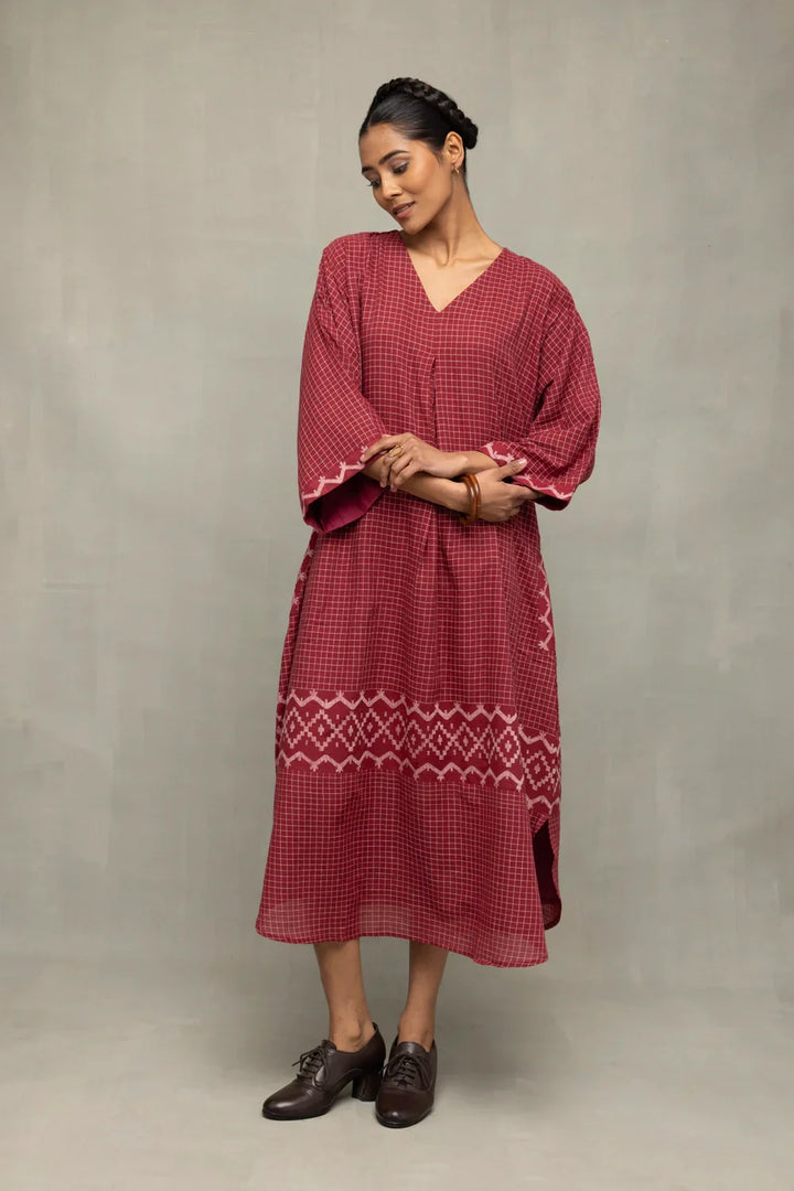 Crimson Checkered Jamdani Kaftan Dress | SHOBITAM