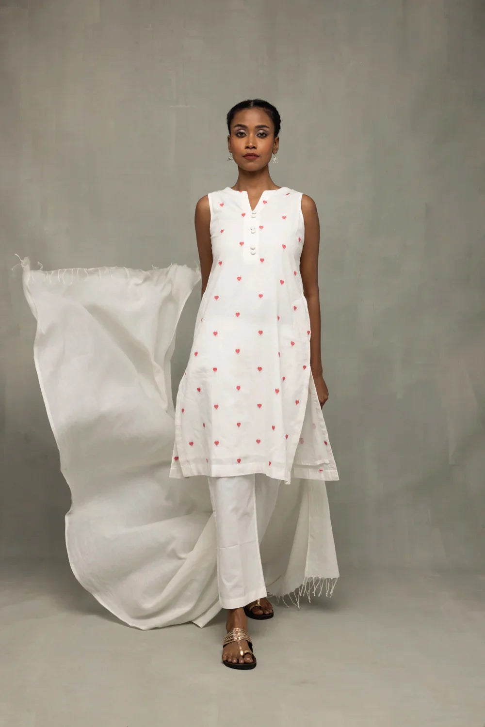 White & Red Hearts South Cotton Kurta Set With Dupatta | SHOBITAM