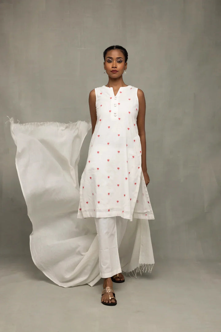 Ivory & Red Hearts South Cotton Co-Ord Set | SHOBITAM