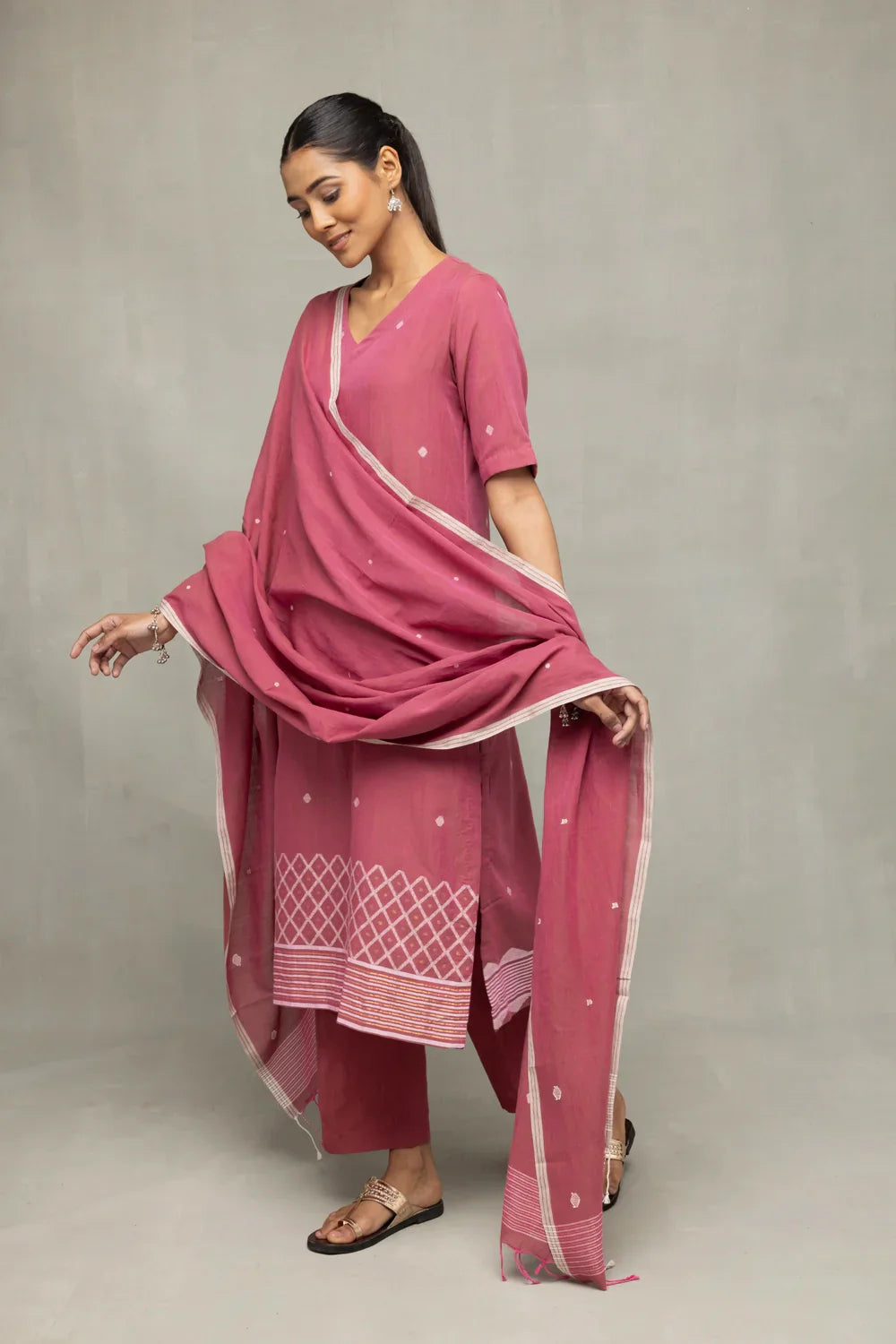 Dusty Rose Cross Motifs Jamdani Kurta Set With Dupatta | SHOBITAM