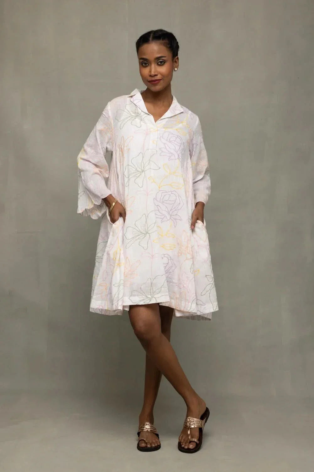 White Pastel Embriodered Pure Cotton Dress | SHOBITAM