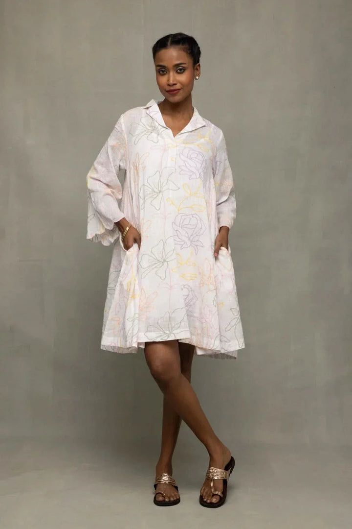 White Pastel Embriodered Pure Cotton Dress | SHOBITAM