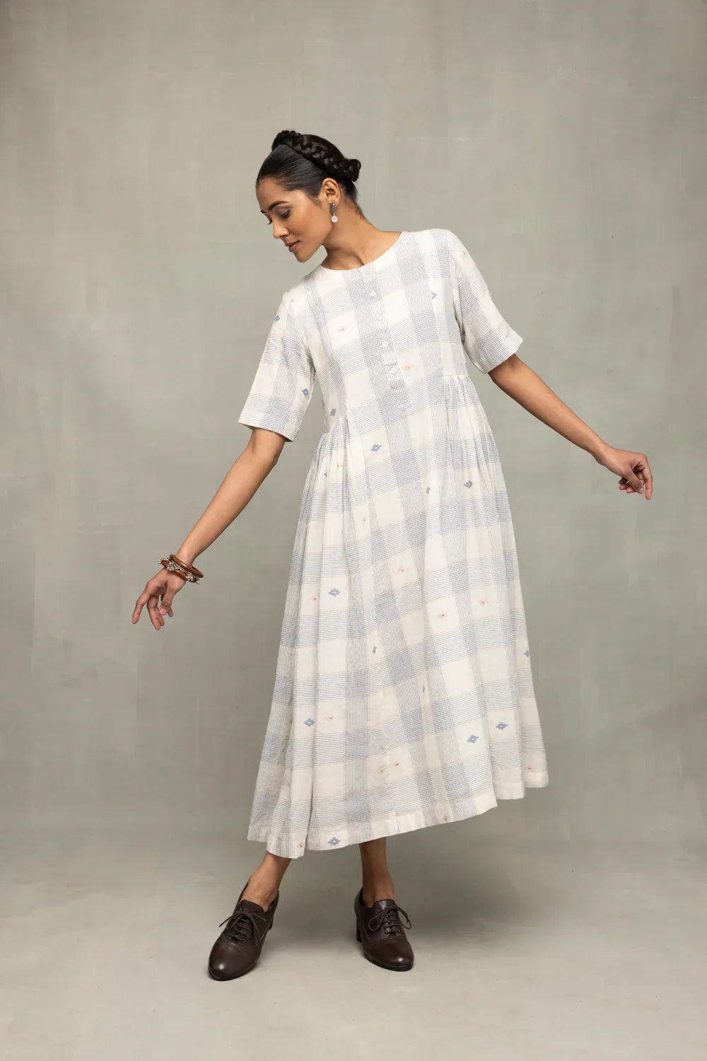 Ivory & Blue Checkered Jamdani Dress | SHOBITAM