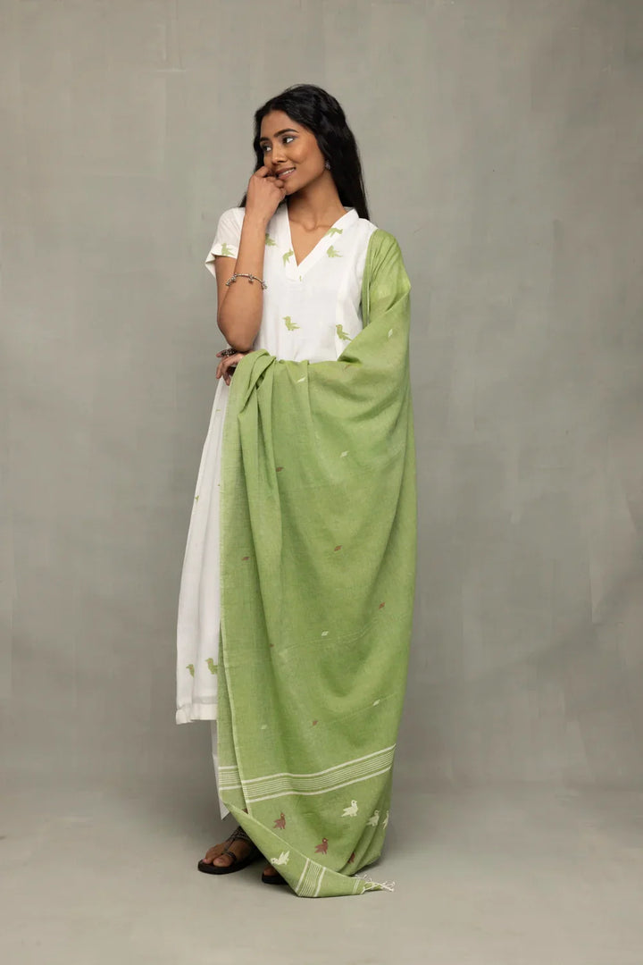 Ivory & Sage Green Bird Motif Jamdani Kurta Set with Dupatta | SHOBITAM