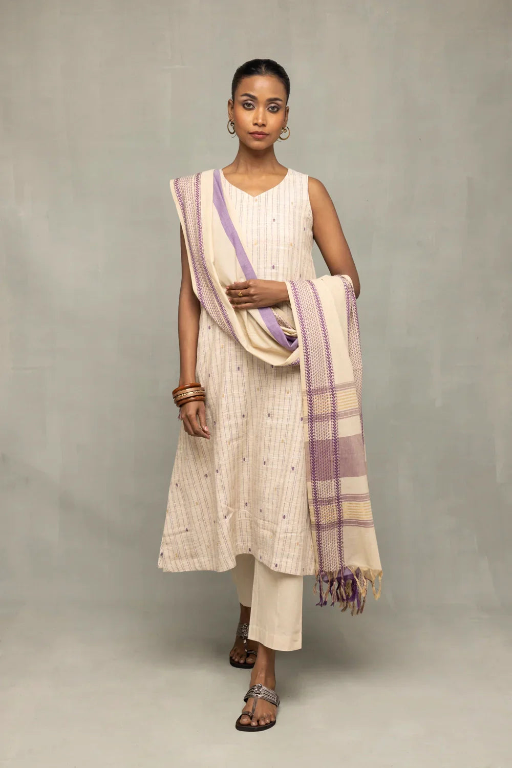 Cream and Mauve South Cotton Zari Kurta Set with Dupatta | SHOBITAM
