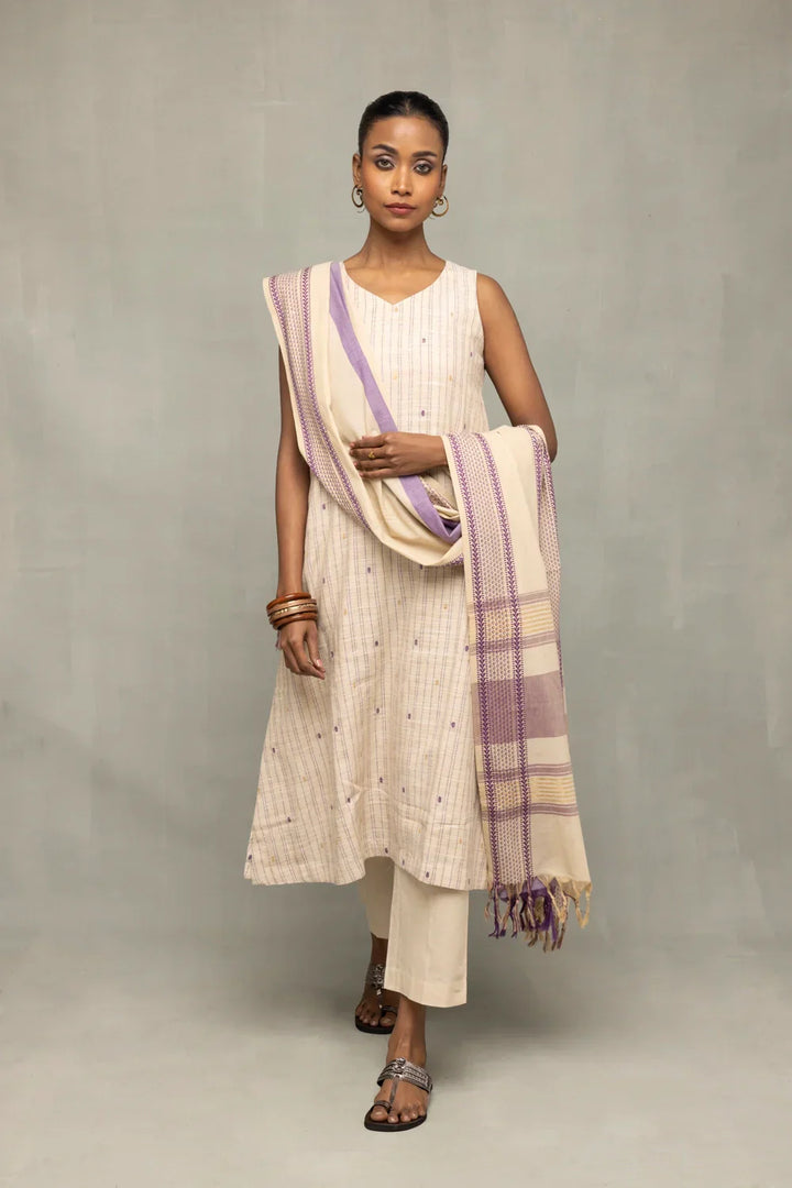Cream and Mauve South Cotton Zari Kurta Set with Dupatta | SHOBITAM