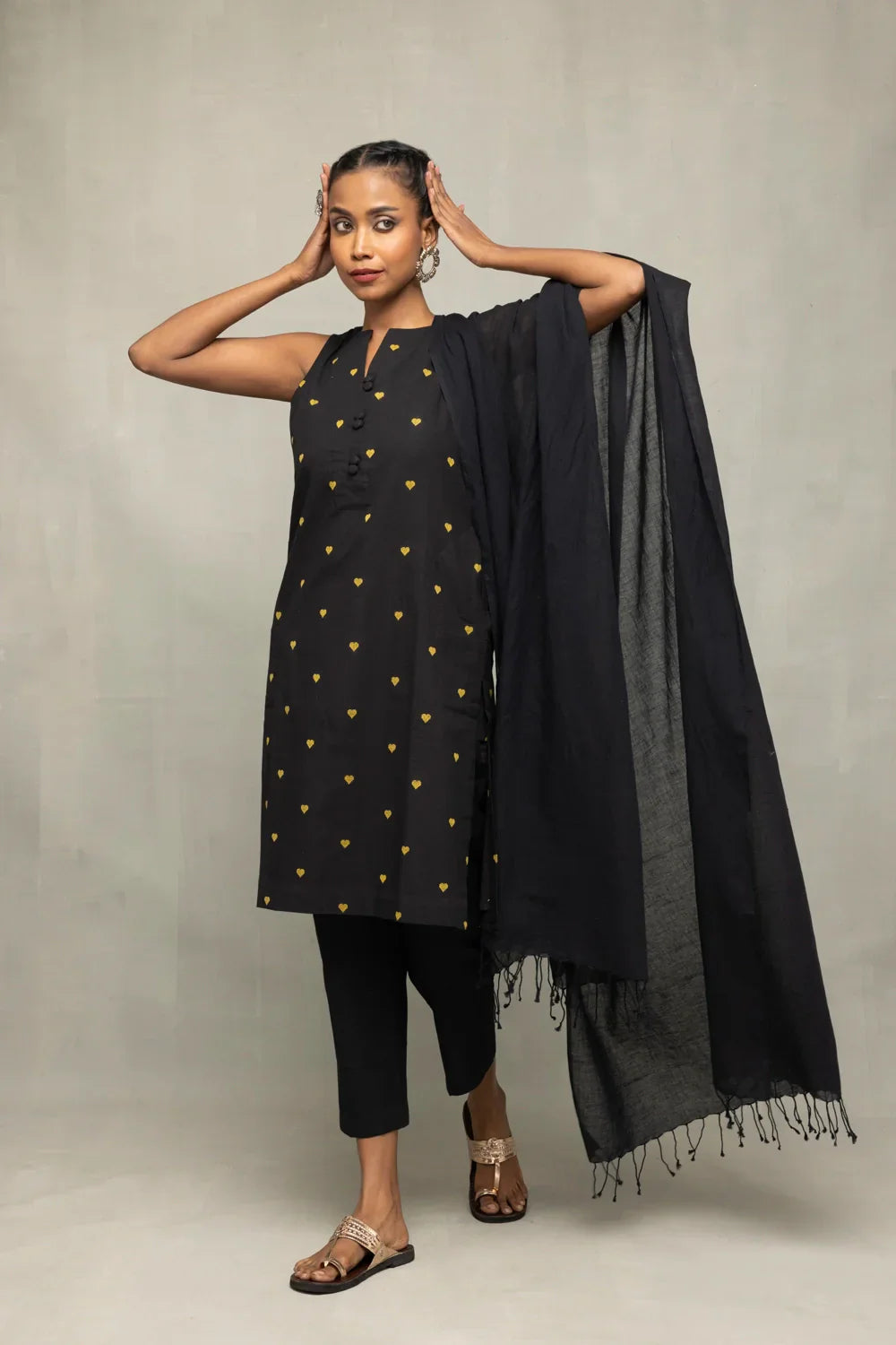 Black & Yellow Hearts South Cotton Kurta Set With Dupatta | SHOBITAM