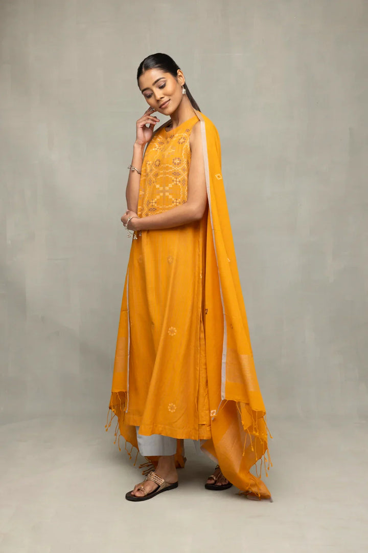 Mustard & Moonlight Jamdani Kurta Set with Dupatta | SHOBITAM