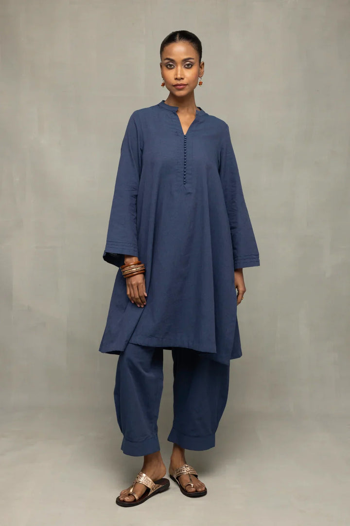 Muted Navy Blue Minimalist Kala Cotton Co-Ord Set | SHOBITAM