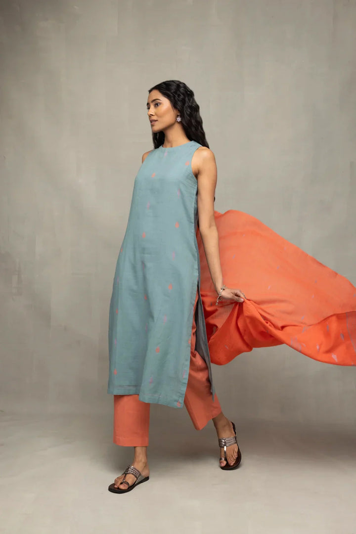 Zen Blue Straight Fit Jamdani Kurta Set with Tangerine Leaf Motif Dupatta | SHOBITAM