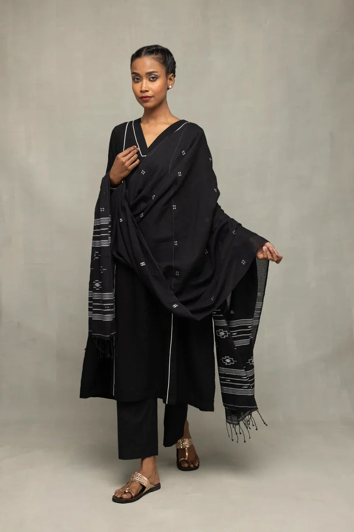 Black Bengal Cotton Kurta Set With Jamdani Dupatta | SHOBITAM