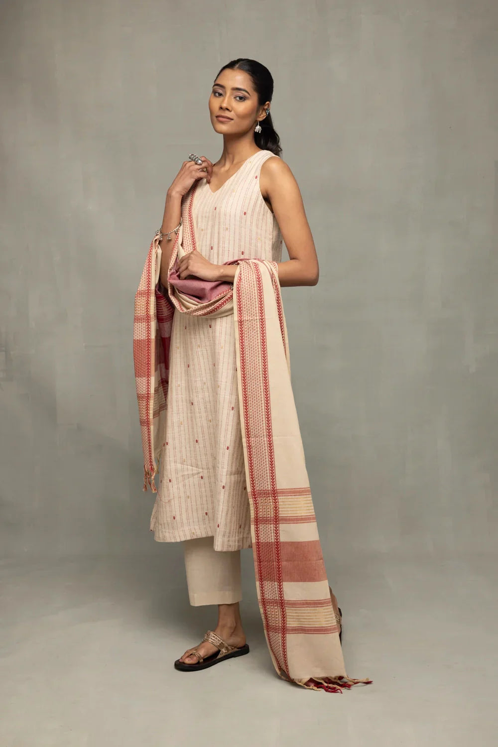 Cream and Pink South Cotton Zari Kurta Set With Dupatta