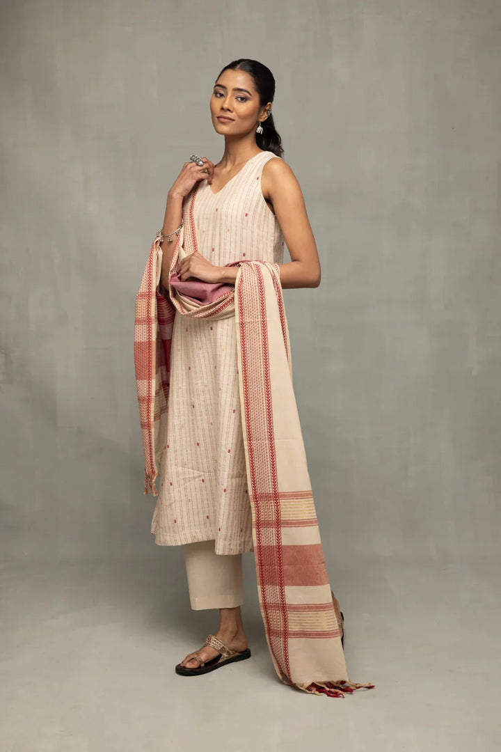 Cream and Pink South Cotton Zari Kurta Set With Dupatta