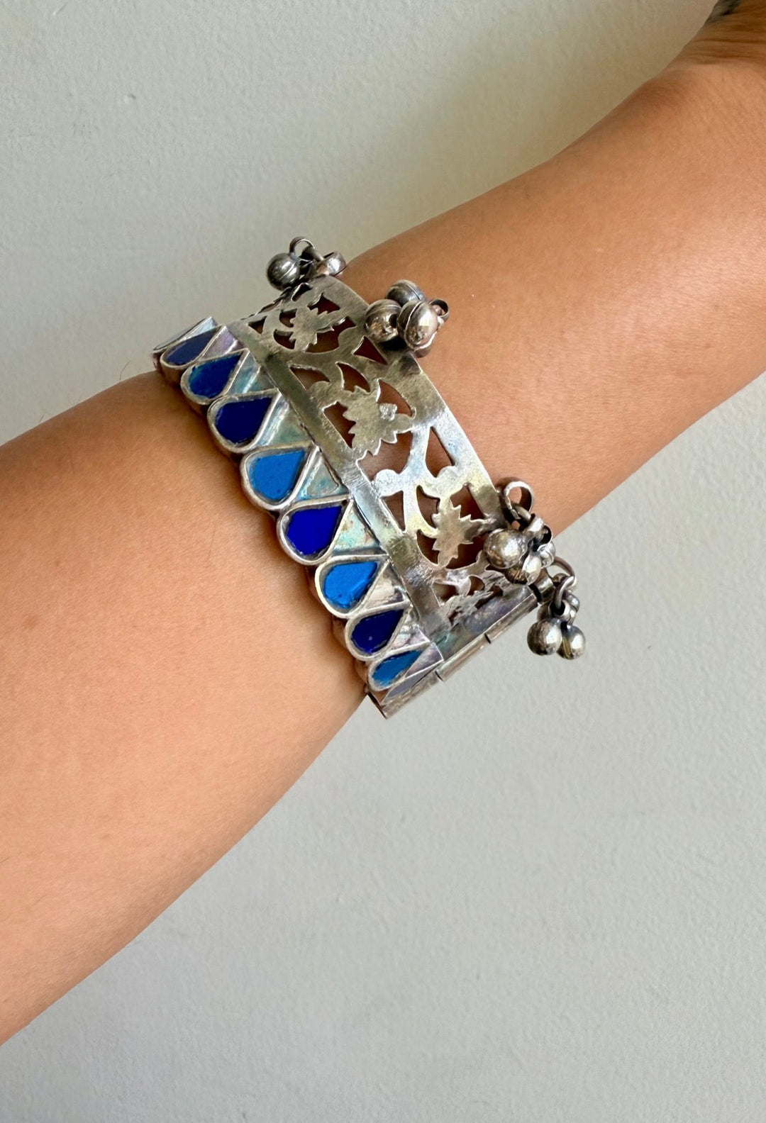 Casablanca Blue Glass Bangle with  Ghungroos – Antique Silver Polish | SHOBITAM