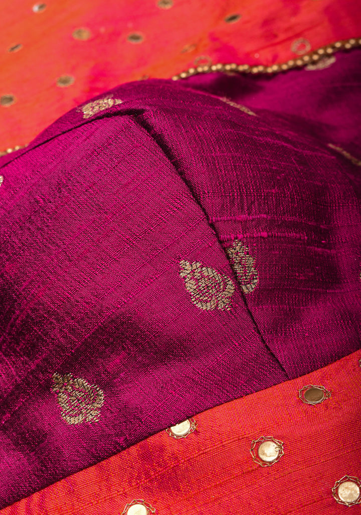 Pure Raw Silk Blouse with mirror disk Yoke and Tie back in Kesari Orange and Plum