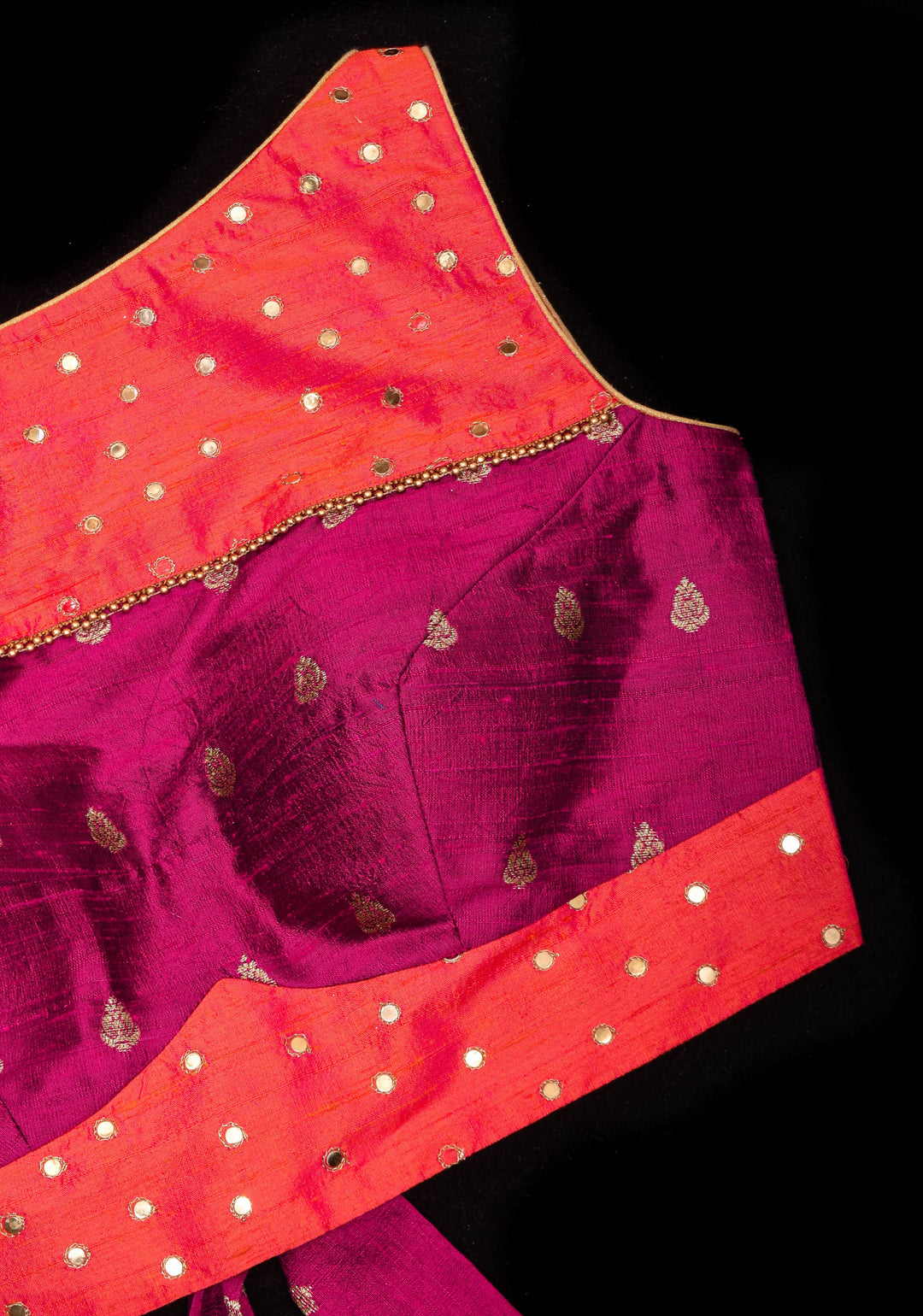 Pure Raw Silk Blouse with mirror disk Yoke and Tie back in Kesari Orange and Plum