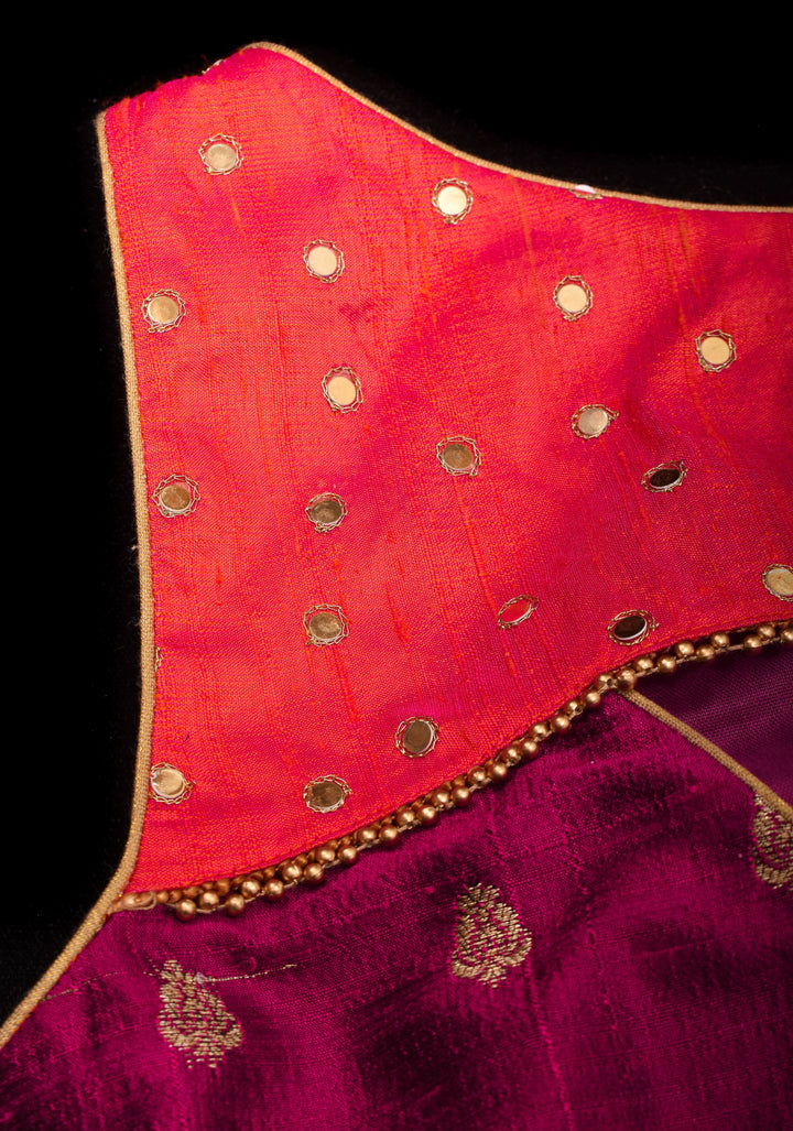 Pure Raw Silk Blouse with mirror disk Yoke and Tie back in Kesari Orange and Plum