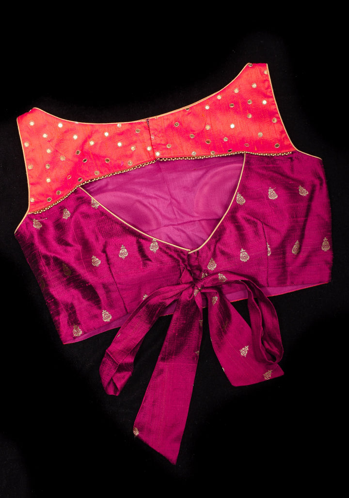 Pure Raw Silk Blouse with mirror disk Yoke and Tie back in Kesari Orange and Plum