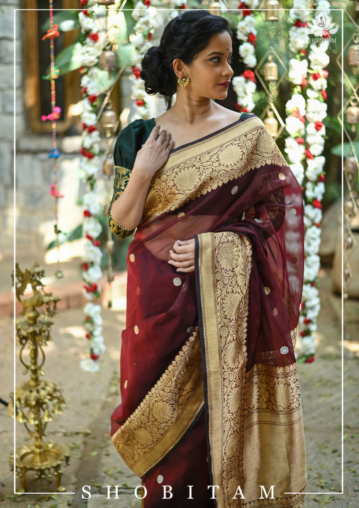 Pure Kora Silk Banarasi Saree in Maroon Dual Tone with Kadhuwa weave zari buttas | SILK MARK CERTIFIED