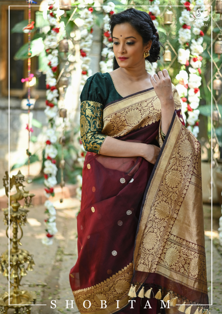 Pure Kora Silk Banarasi Saree in Maroon Dual Tone with Kadhuwa weave zari buttas | SILK MARK CERTIFIED