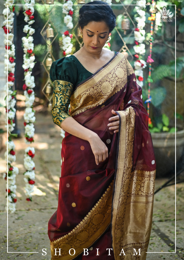 Pure Kora Silk Banarasi Saree in Maroon Dual Tone with Kadhuwa weave zari buttas | SILK MARK CERTIFIED
