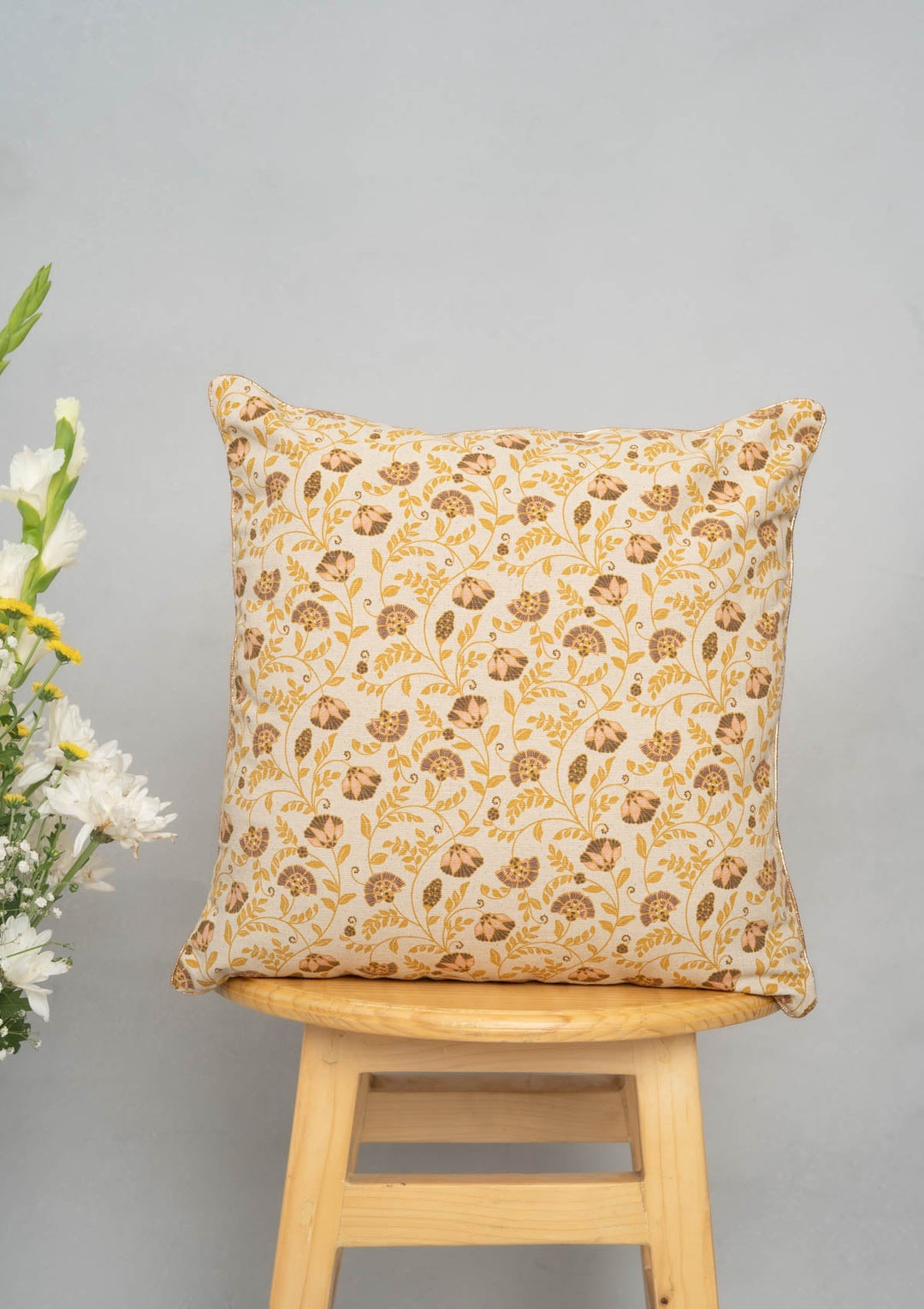 Calico Multicolor Floral Printed Cushion Cover with Gold Piping – 100% Cotton 16" x 16" | SHOBITAM