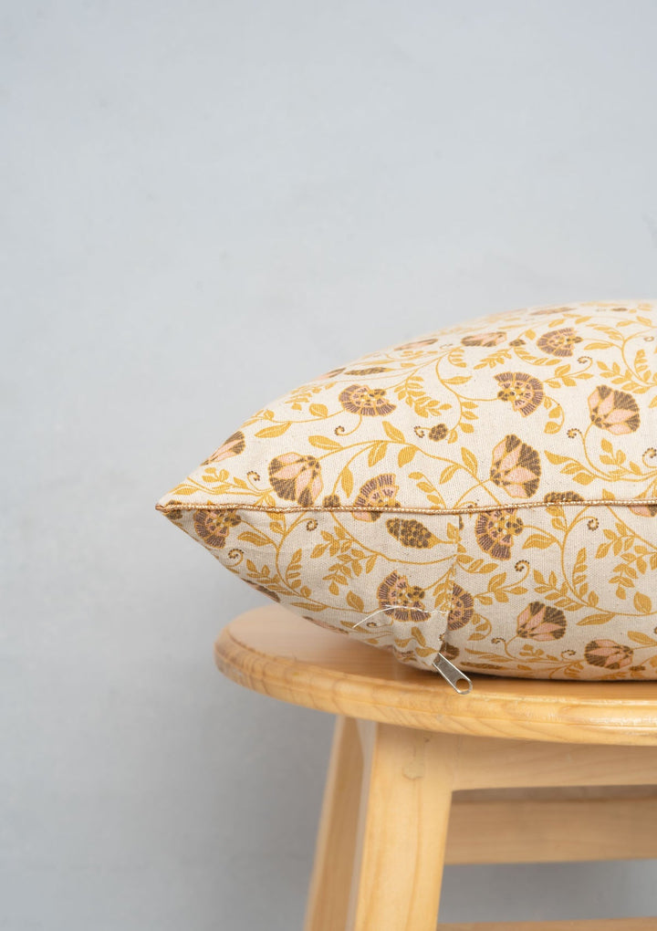 Calico Multicolor Floral Printed Cushion Cover with Gold Piping – 100% Cotton 16" x 16" | SHOBITAM