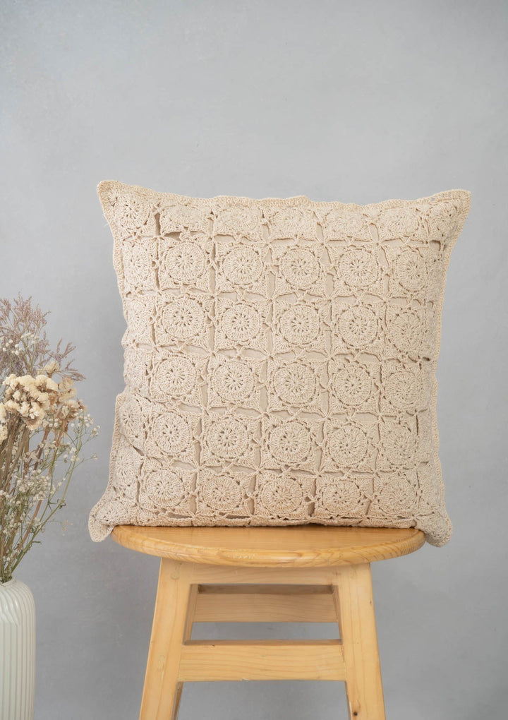 Oyster Ivory Crochet Antique Cushion Cover for Sofa – 100% Cotton 16" x 16" | SHOBITAM