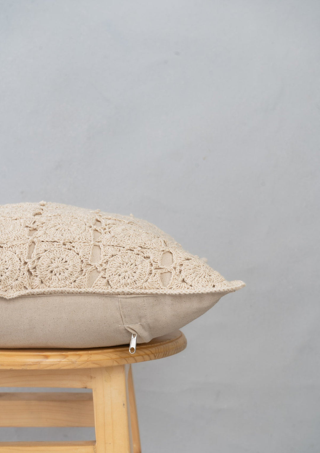 Oyster Ivory Crochet Antique Cushion Cover for Sofa – 100% Cotton 16" x 16" | SHOBITAM