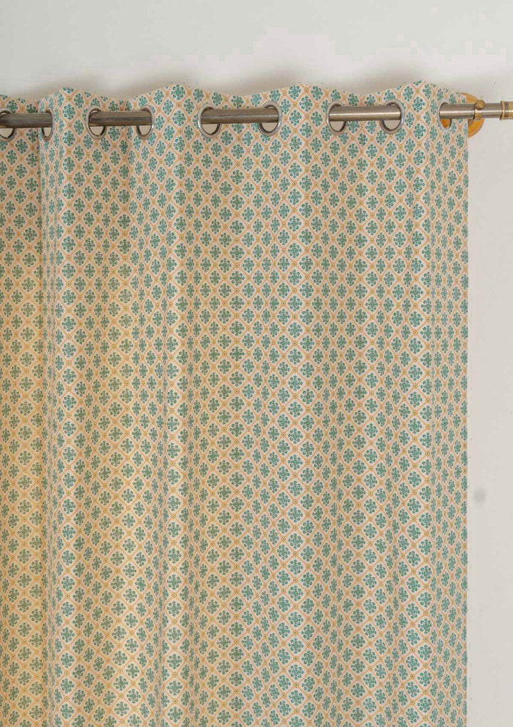 Yura 100% cotton geometric curtain for living room - Room darkening - Aqua blue - Single - Single Piece | SHOBITAM