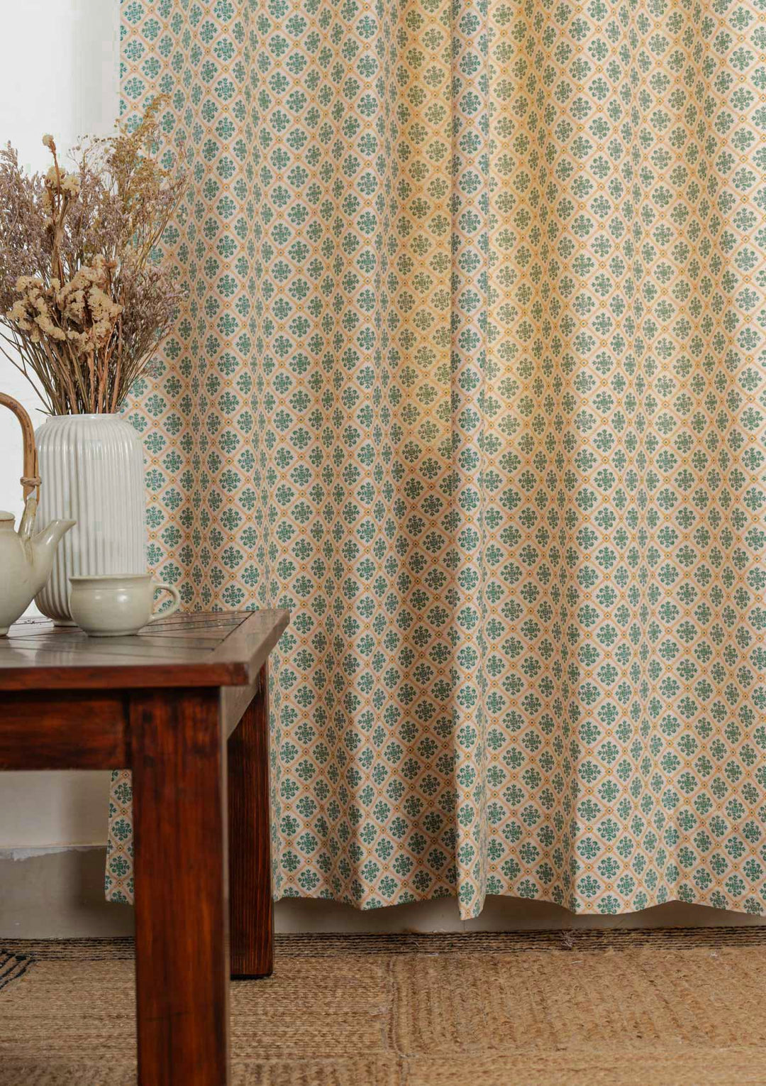 Yura 100% cotton geometric curtain for living room - Room darkening - Aqua blue - Single - Single Piece | SHOBITAM