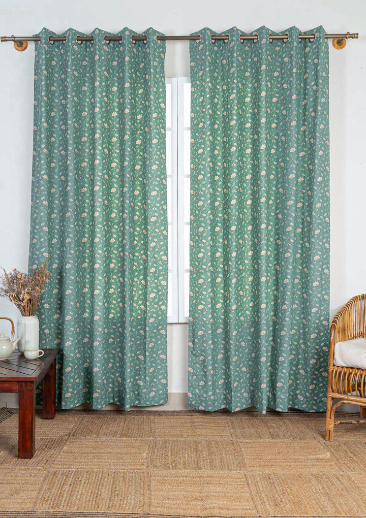 Eden aqua blue 100% cotton floral curtain for bed room - Room darkening - Single - Single Piece | SHOBITAM