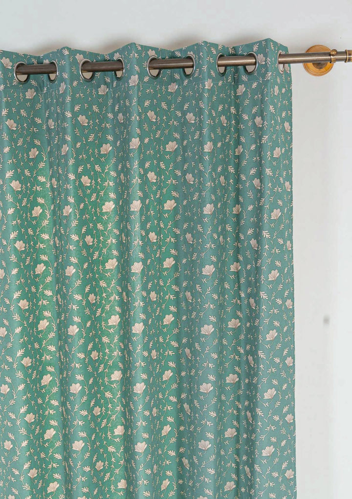 Eden aqua blue 100% cotton floral curtain for bed room - Room darkening - Single - Single Piece | SHOBITAM