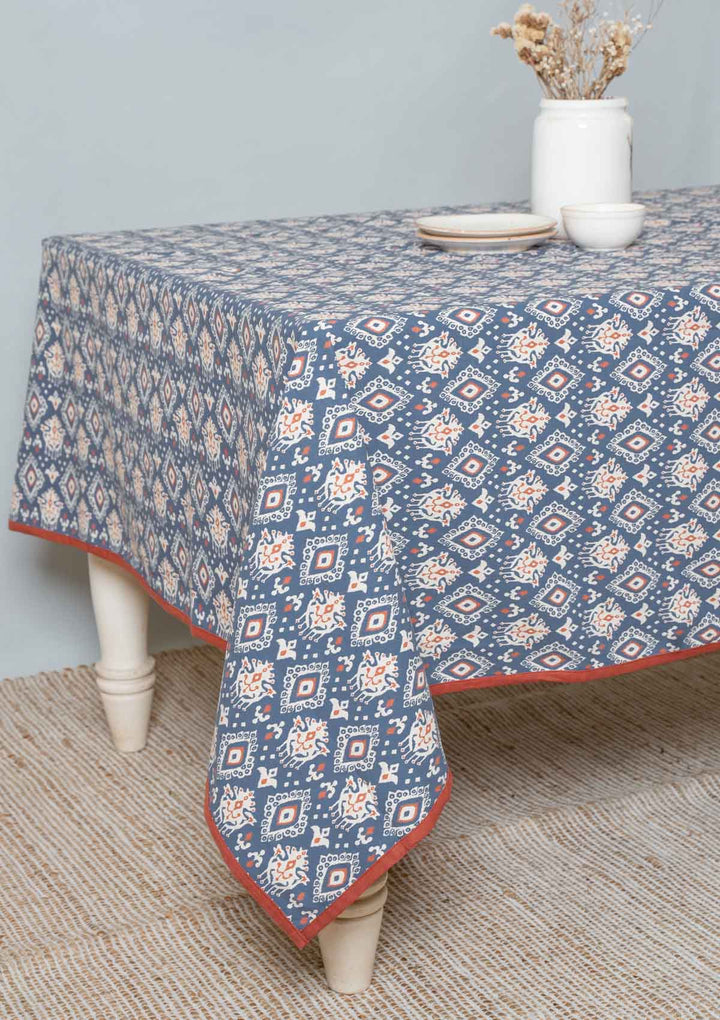 Durbar Ikat Geometric Printed 100% Cotton Table cloth for 4 seater, 6 seater and 8 seater dining - Royal blue and Brick Red | SHOBITAM