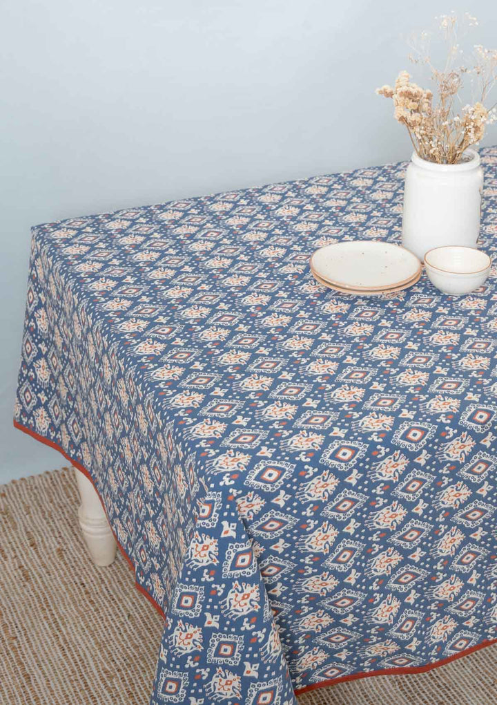 Durbar Ikat Geometric Printed 100% Cotton Table cloth for 4 seater, 6 seater and 8 seater dining - Royal blue and Brick Red | SHOBITAM
