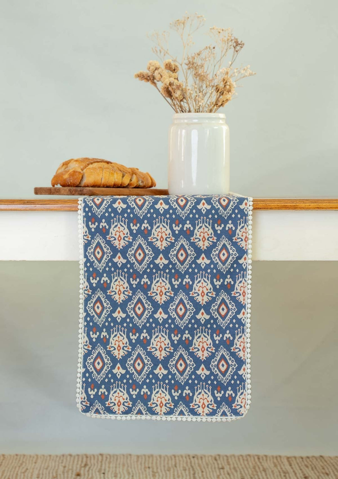 Durbar Ikat Geometric Printed 100% Cotton Table Runner with lace for 4 seater, 6 seater and 8 seater dining - Royal blue and Brick Red | SHOBITAM