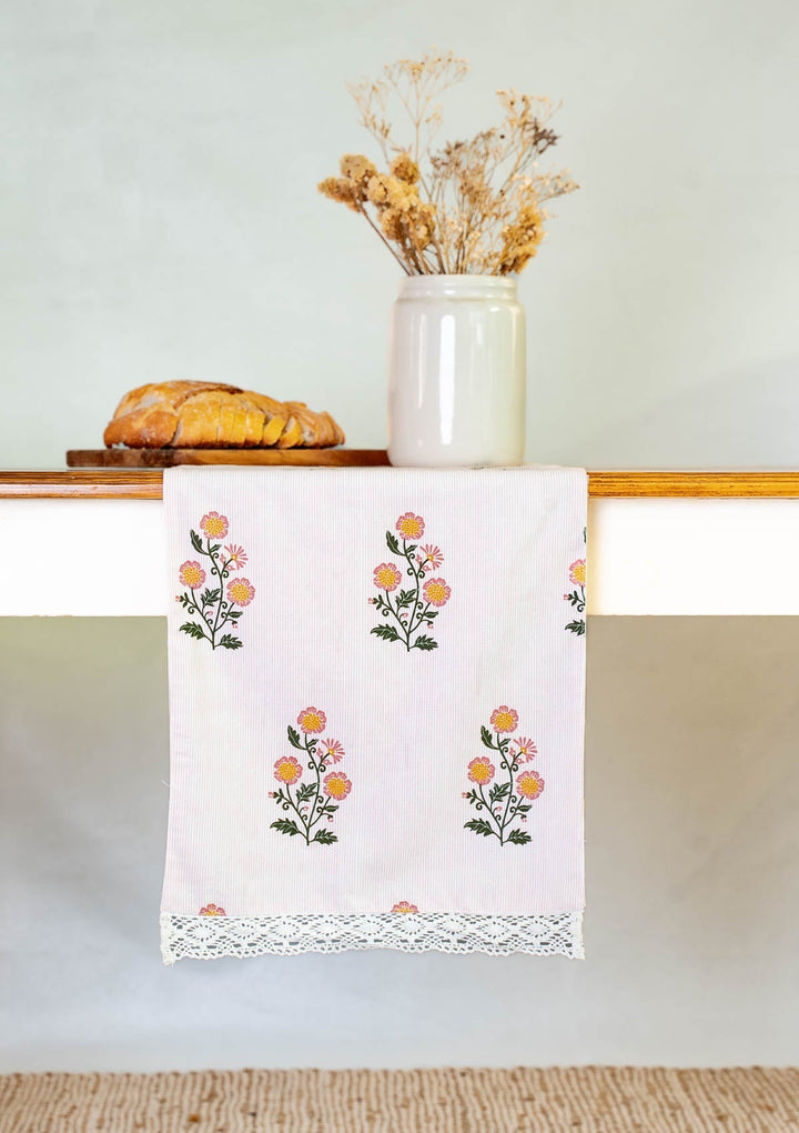 Parijatha Floral printed 100% Cotton Table Runner with white Lace for 4 seater, 6 seater and 8 seater dining - Rust and Mustard | SHOBITAM
