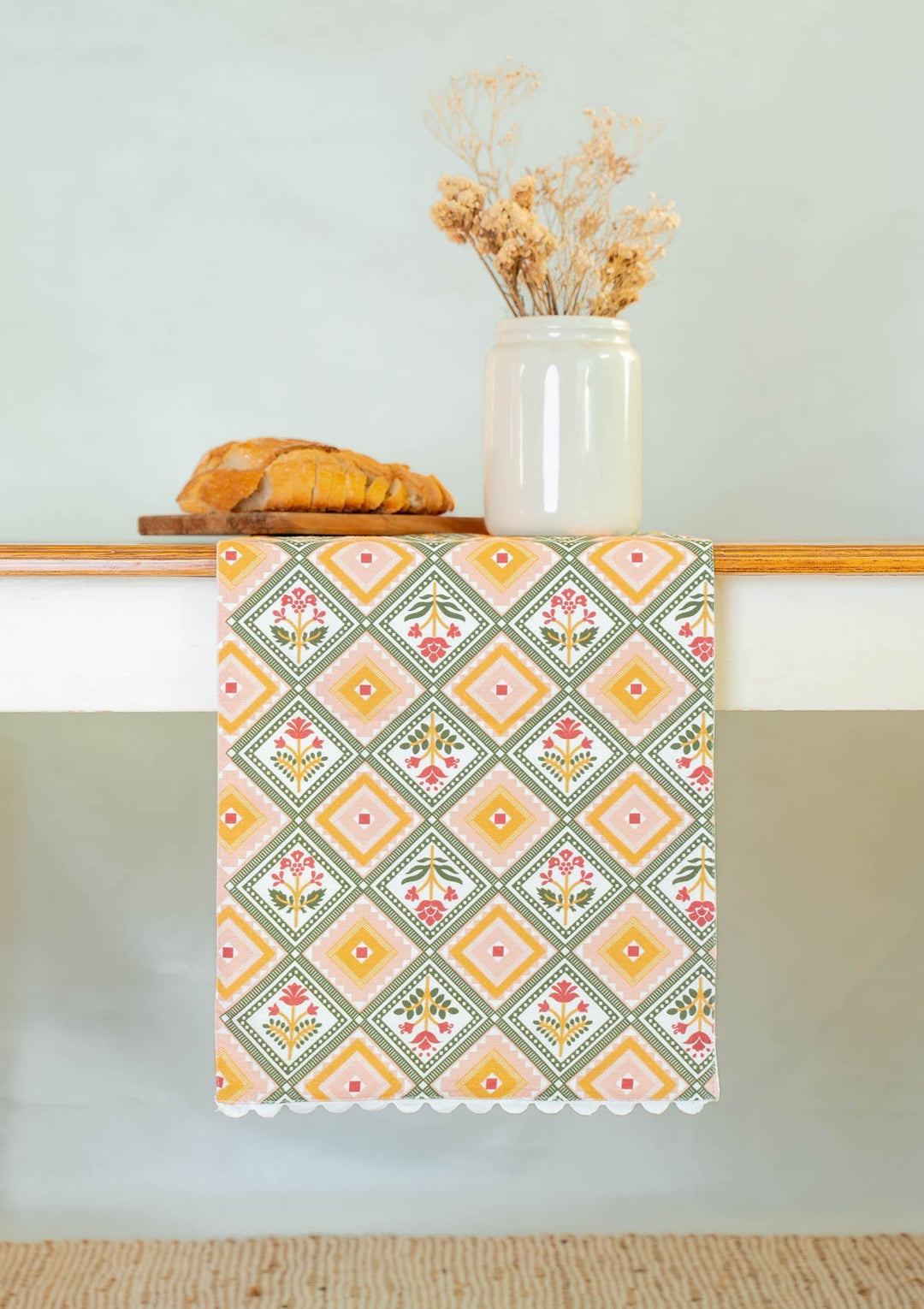 Minakari 100% Cotton Table Runner with scaloop lace for 4 seater and 6 seater dining - Multicolor | SHOBITAM