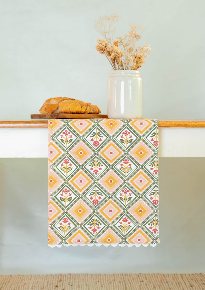 Minakari 100% Cotton Table Runner with scaloop lace for 4 seater and 6 seater dining - Multicolor | SHOBITAM