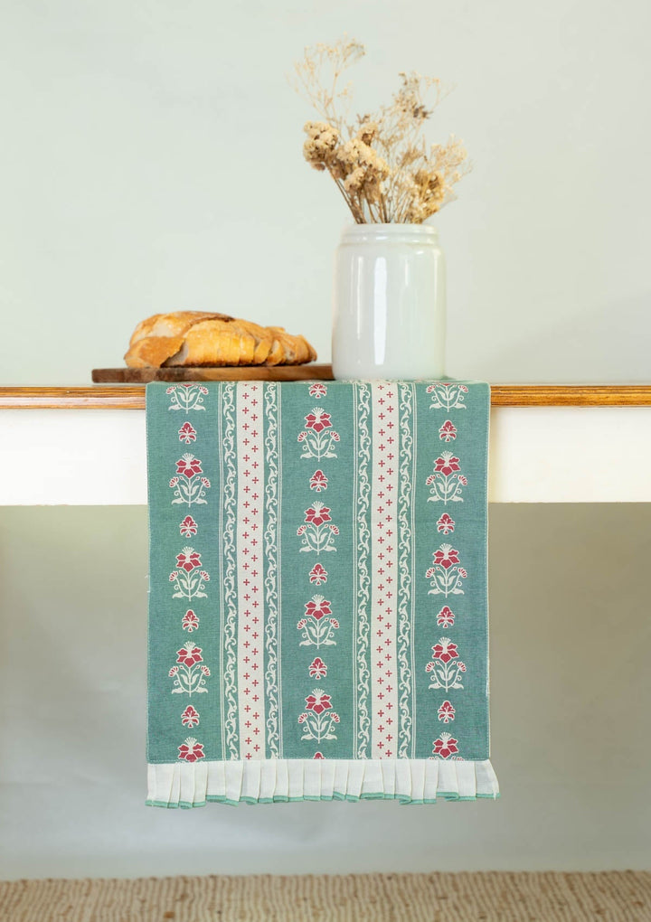 Kala 100% Cotton Table Runner with cream lace for 4 seater and 6 seater dining - Multicolor | SHOBITAM