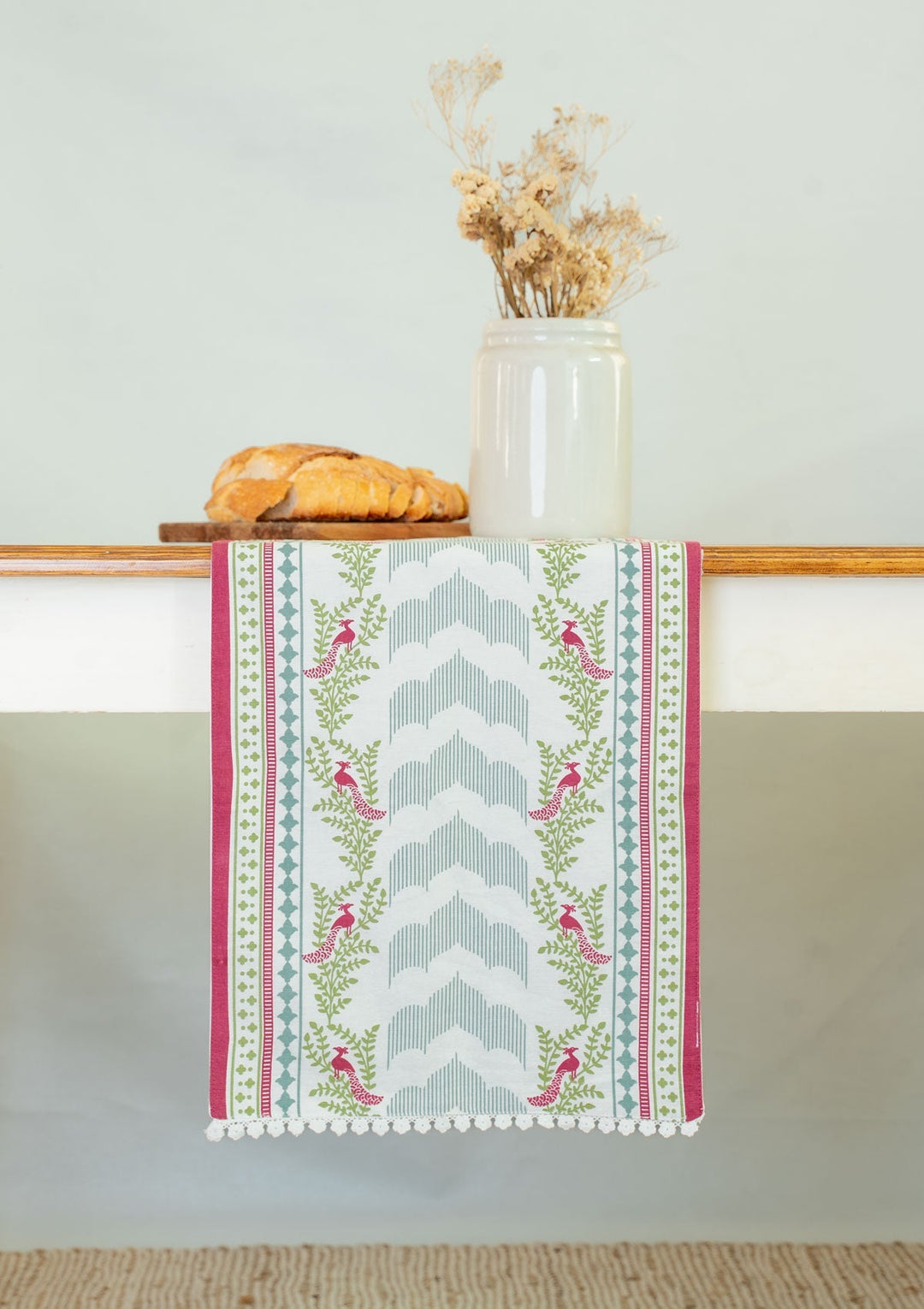 Mor 100% Cotton Table Runner with white Lace for 4 seater and 6 seater dining - Multicolor | SHOBITAM