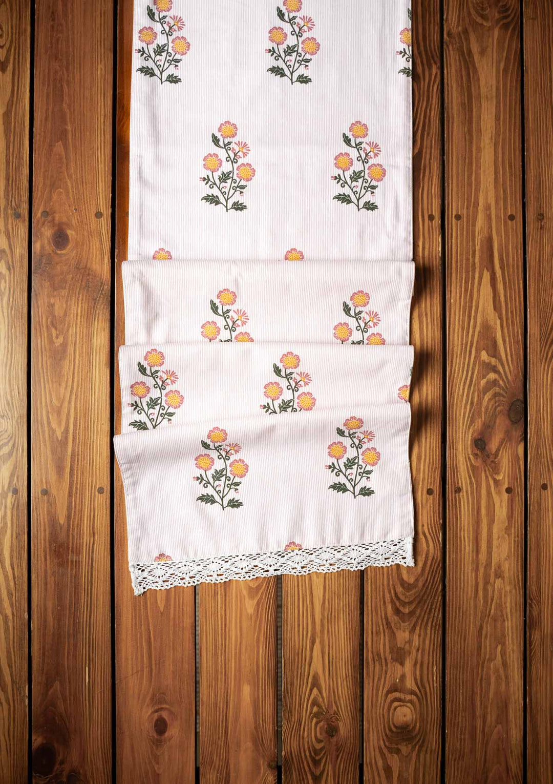 Parijatha Floral printed 100% Cotton Table Runner with white Lace for 4 seater, 6 seater and 8 seater dining - Rust and Mustard | SHOBITAM