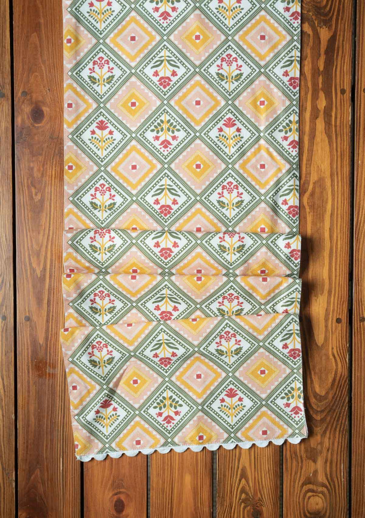 Minakari 100% Cotton Table Runner with scaloop lace for 4 seater and 6 seater dining - Multicolor | SHOBITAM